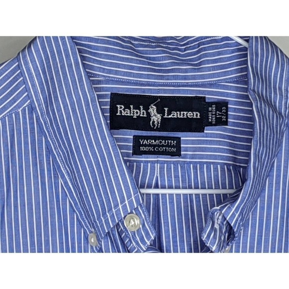 Ralph Lauren Blue Label YARMOUTH Shirt Men 17 32/33 Blue Stripe Logo Button - Picture 2 of 5